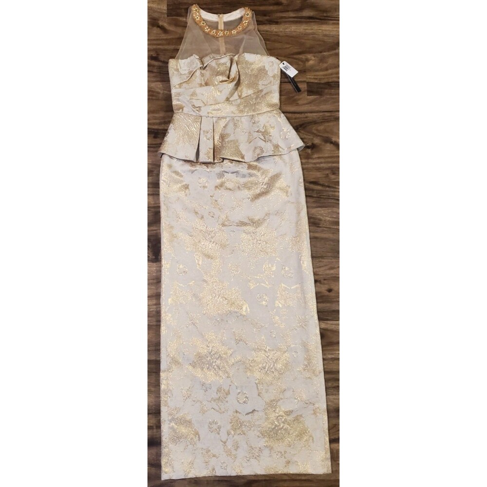 $628 David Meister Women Size 6 Sleeveless Illusion Peplum Gown Dress Gold Cream
